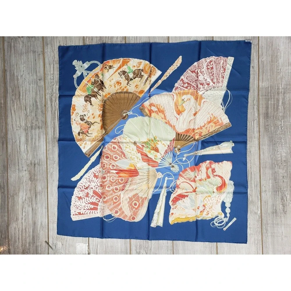 Hermès Brise de Charme 35in Silk Scarf Blue Equestrian Fan Design w Box